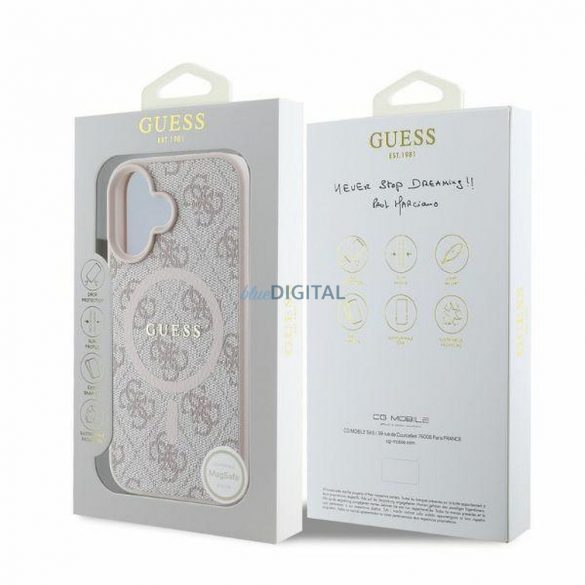 Guess GUHMP16SG4GFRP 4G Ring Classic Logo Carcasă compatibilă MagSafe pentru iPhone 16 - roz