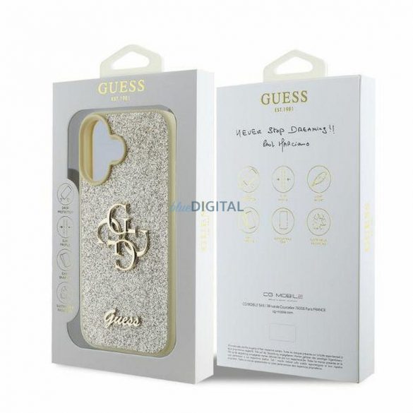 Guess GUHCP16SHG4SGD Carcasă Fixed Glitter Big 4G pentru iPhone 16 - auriu