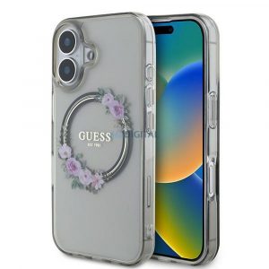 Guess GUHMP16SHFWFCK IML Flowers Wreath Carcasă compatibilă MagSafe pentru iPhone 16 - gri transparent