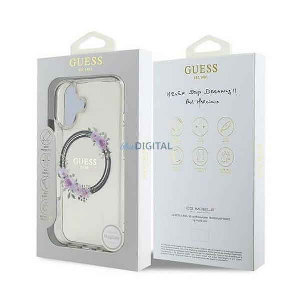 Guess GUHMP16SHFWFCK IML Flowers Wreath Carcasă compatibilă MagSafe pentru iPhone 16 - gri transparent