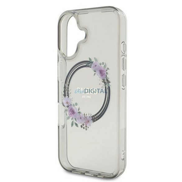 Guess GUHMP16SHFWFCK IML Flowers Wreath Carcasă compatibilă MagSafe pentru iPhone 16 - gri transparent