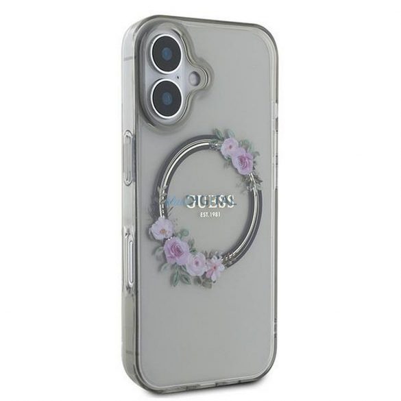 Guess GUHMP16SHFWFCK IML Flowers Wreath Carcasă compatibilă MagSafe pentru iPhone 16 - gri transparent