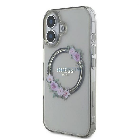 Guess GUHMP16SHFWFCK IML Flowers Wreath Carcasă compatibilă MagSafe pentru iPhone 16 - gri transparent