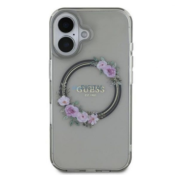 Guess GUHMP16SHFWFCK IML Flowers Wreath Carcasă compatibilă MagSafe pentru iPhone 16 - gri transparent