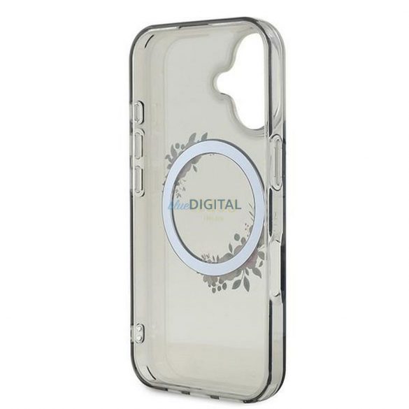 Guess GUHMP16SHFWFCK IML Flowers Wreath Carcasă compatibilă MagSafe pentru iPhone 16 - gri transparent