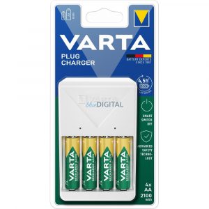 Încărcător de baterii VARTA PLUG pentru încărcarea bateriilor AA/AAA cu 4 baterii AA reîncărcabile (2100 mAh)