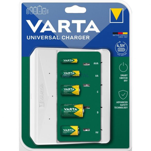 Încărcător VARTA UNIVERSAL pentru încărcarea bateriilor AAA/A/C/D/9V (fără baterii) - alb