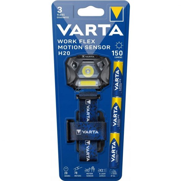 VARTA Lampă frontală cu LED-uri de lucru flex senzor de mișcare H20 150lm 18648 + 3 x baterii R3 (AAA)