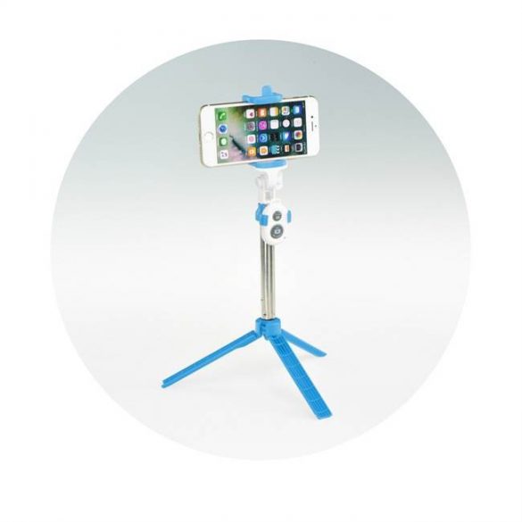 Combo selfie stick cu trepied și telecomandă bluetooth albastru