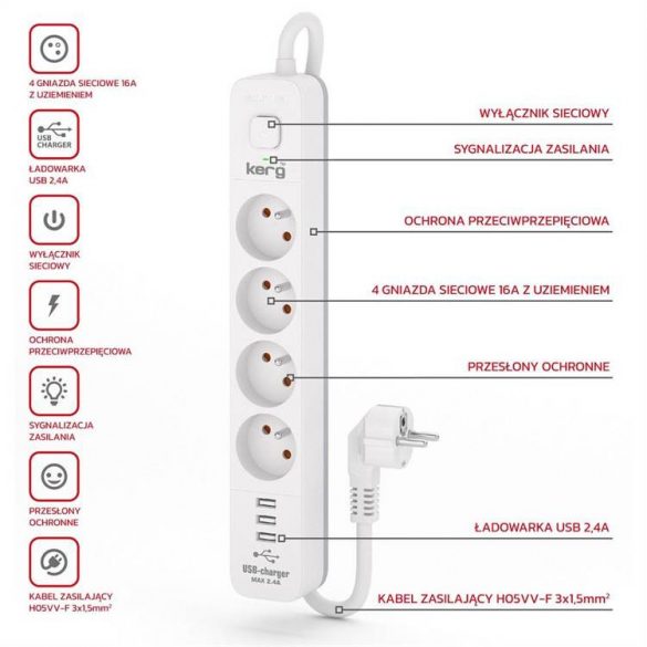 Priză multiplă 4 prize + 3xUSB A ; 3 metri; 3×1,5 mm² H05VV-F 16A/250V-M02414