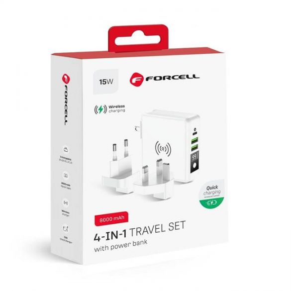 Încărcător multifuncțional Forcell 15W 4in1 cu mufă USB/USB-C, power bank 8000mAh și încărcare wireless