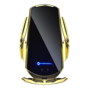 Suport auto cu senzor automat de incarcare wireless + adaptoare magnetice FORCELL HS1 15W gold