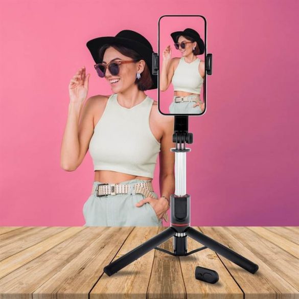 Combo selfie stick cu trepied și telecomandă bluetooth negru SSTR-13