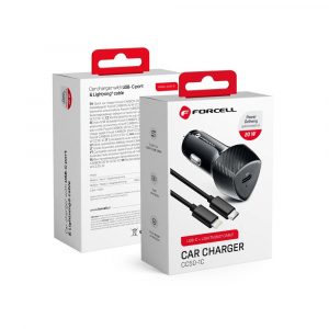 Încărcător auto FORCELL CARBON Tip C 3.0 PD20W CC50-1C negru (Total 20W) + cablu pentru Apple Lightning 8-pini PD20W