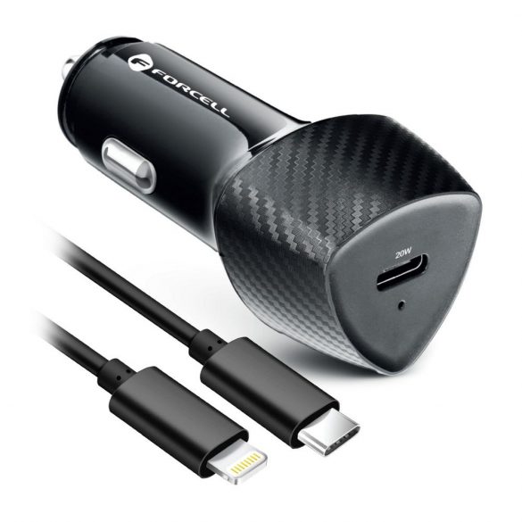 Încărcător auto FORCELL CARBON Tip C 3.0 PD20W CC50-1C negru (Total 20W) + cablu pentru Apple Lightning 8-pini PD20W