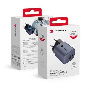 Încărcător de călătorie Forcell cu prize USB C și USB A - 3A 33W cu PD și funcție Quick Charge 4.0