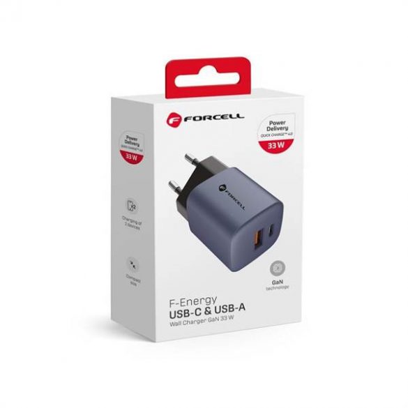 Încărcător de călătorie Forcell cu prize USB C și USB A - 3A 33W cu PD și funcție Quick Charge 4.0