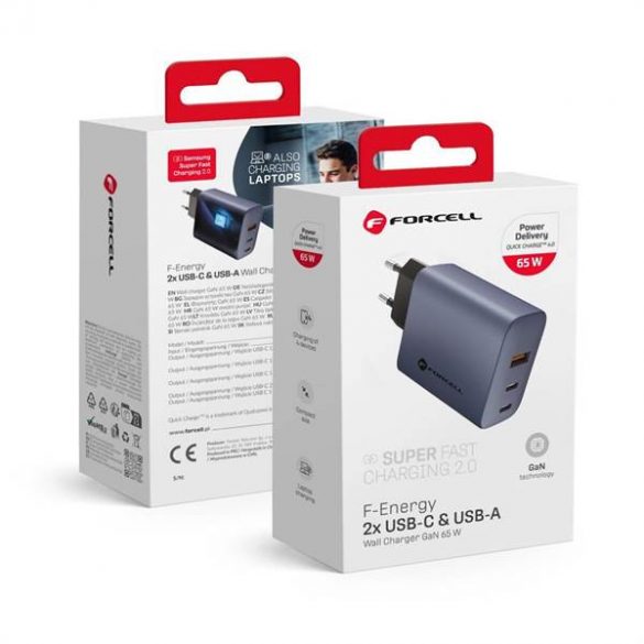 Încărcător de călătorie Forcell cu 2 prize USB C și USB A - 4A 65W cu funcție PD și Quick Charge 4.0