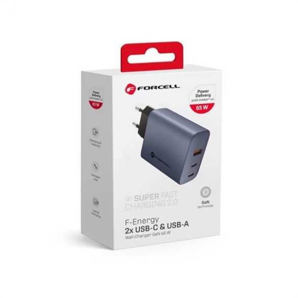 Încărcător de călătorie Forcell cu 2 prize USB C și USB A - 4A 65W cu funcție PD și Quick Charge 4.0