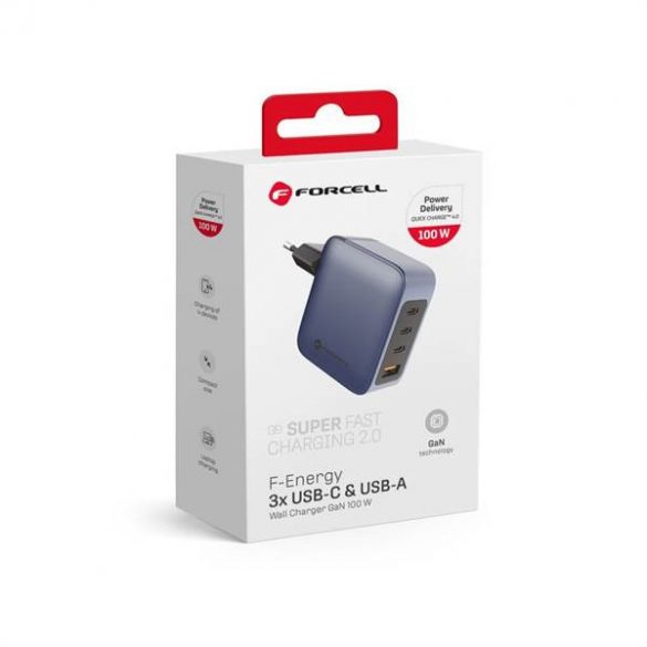 Încărcător de călătorie Forcell cu 3x prize USB C și USB A - 100W cu PD și funcție Quick Charge 4.0