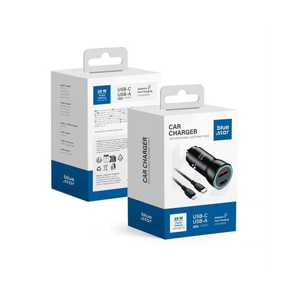 Încărcător auto Blue Star 25W (PD, QC 3.0, AFC) cu priză USB C și cablu de date USB C la Lightning 3A