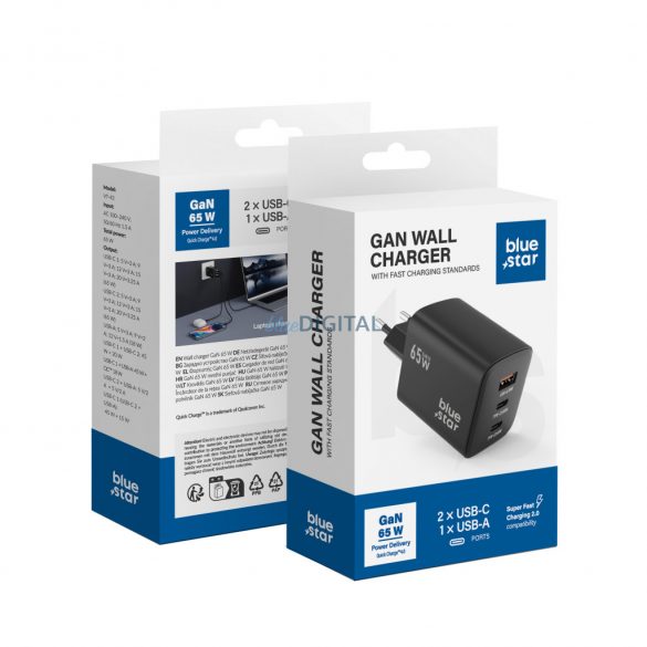 Blue Star VT-43 încărcător de rețea cu 1xUSB-A și 2xUSB-C 65W 4A PD QC4.0 - negru