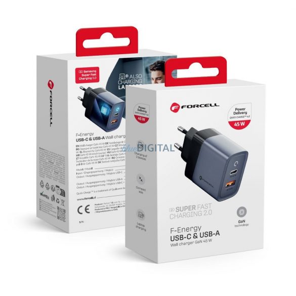 Încărcător de călătorie Forcell F-Energy cu prize USB C și USB A - 4A 45W cu funcție PD și Quick Charge 4.0