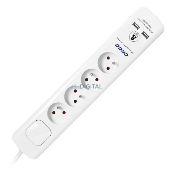 Priză multiplă cu protecție la supratensiune, 4 prize 2P+T 2xUSB, cablu 3x1,0 mm2, lungime 3 m, alb (OR-AE-13243/W/3M)