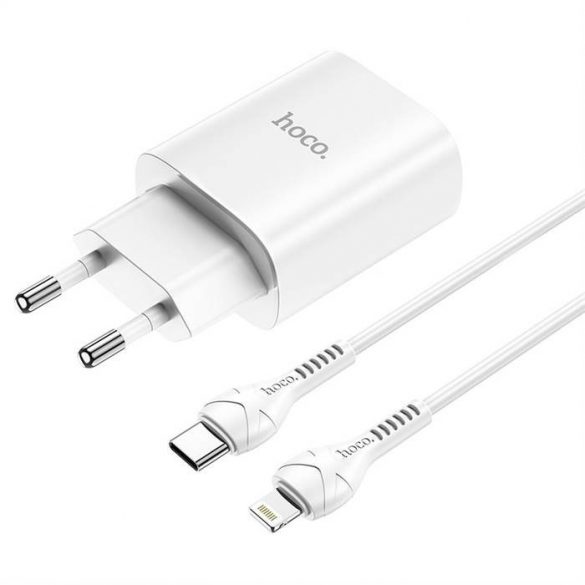 HOCO încărcător tip C PD20W încărcare rapidă Smart Charging cu cablu pentru iPhone Lightning 8-pin N14 alb