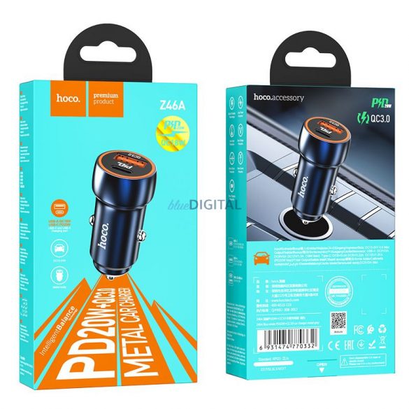 Încărcător auto HOCO tip C + USB QC3.0 Power Delivery 20W Z46A albastru safir