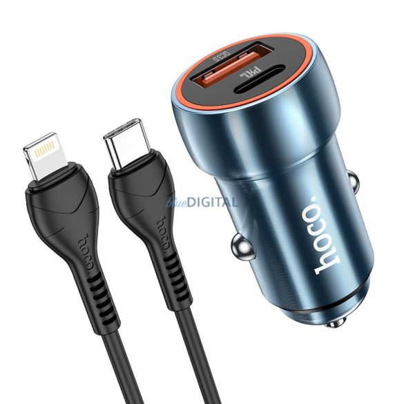 Încărcător auto HOCO Tip C + USB QC3.0 Putere de livrare 20W cu cablu pentru iPhone Lightning 8-pini Z46A albastru safir