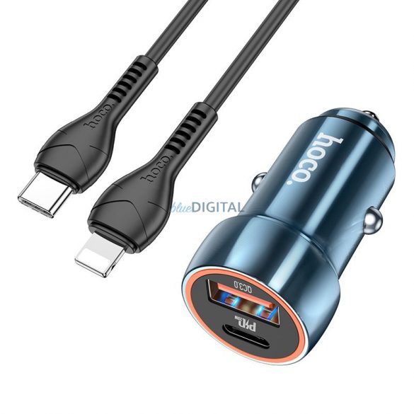 Încărcător auto HOCO Tip C + USB QC3.0 Putere de livrare 20W cu cablu pentru iPhone Lightning 8-pini Z46A albastru safir