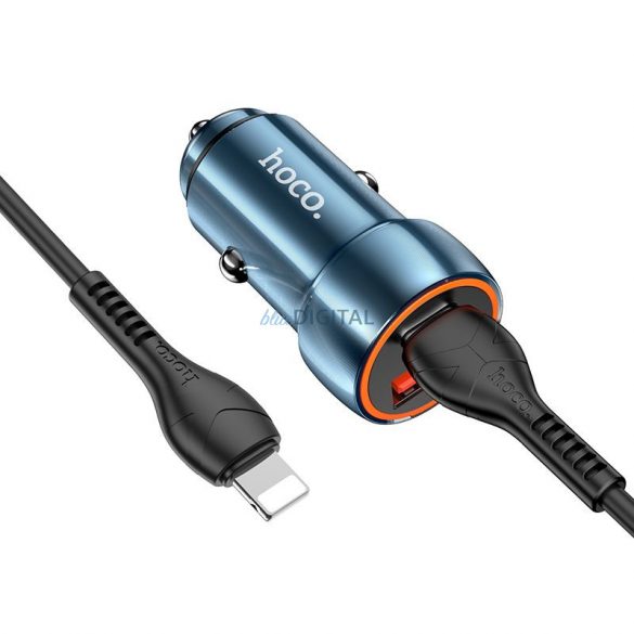 Încărcător auto HOCO Tip C + USB QC3.0 Putere de livrare 20W cu cablu pentru iPhone Lightning 8-pini Z46A albastru safir