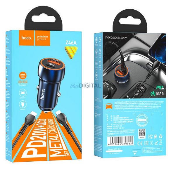 Încărcător auto HOCO Tip C + USB QC3.0 Putere de livrare 20W cu cablu pentru iPhone Lightning 8-pini Z46A albastru safir