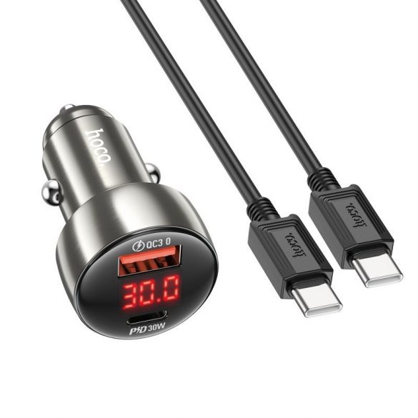 Încărcător auto HOCO USB QC 3.0 + Tip C + cablu Tip C la Tip C PD 48W Leader Z50 gri metal