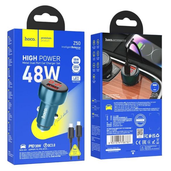 Încărcător auto HOCO USB QC 3.0 + Tip C + cablu tip C la Apple Lightning 8-pini PD 48W Leader Z50 gri metal