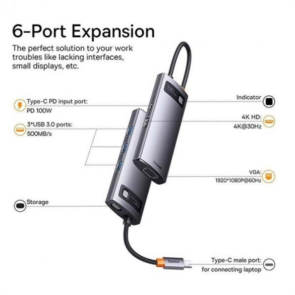 HUB BASEUS Multifuncțional 6 în 1 de tip C la 3x USB3.0 / PD / HDMI / VGA gri WKWG030013/BS-OH040