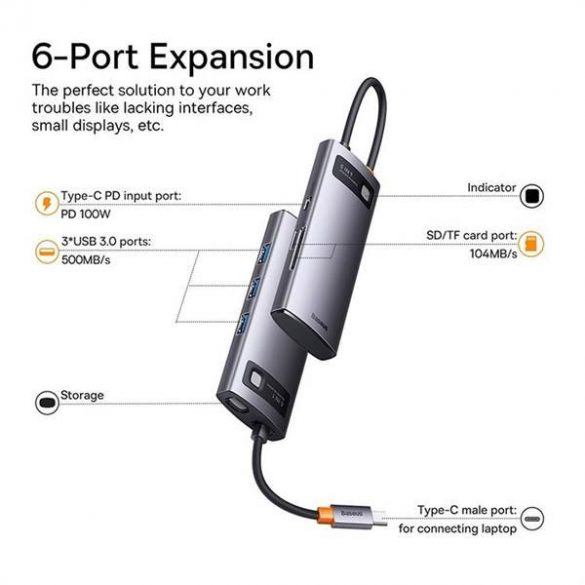 BASEUS HUB Multifuncțional 6in1 de tip C la 3x USB3.0 / PD / SD/TF gri WKWG030213/BS-OH042