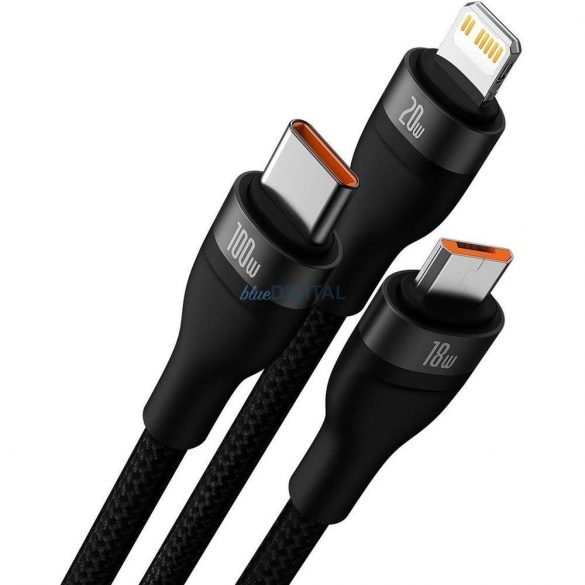 Cablu BASEUS 3in1 Tip C / USB A la Micro USB / Lightning / Tip C PD QC 5A 100W CASS030101 1,2 m negru