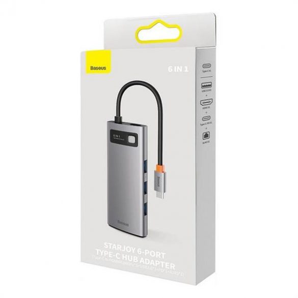 HUB BASEUS Multifuncțional 6in1 de tip C la 3x USB3.0 / PD / HDMI 4K 60Hz / RJ45 gri WKWG080013/BS-OH100