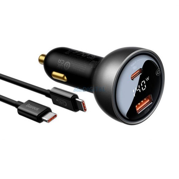 Încărcător auto BASEUS Display digital Dual USB + Type-C 140W (cu cablu Type-C pentru Type-C 240W 1m Negru)