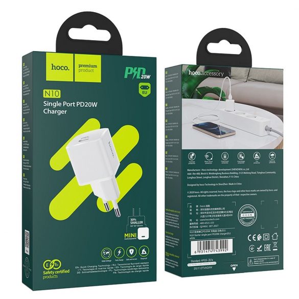 Încărcător de voiaj HOCO Tip C Putere de livrare 20W Starter N10 alb