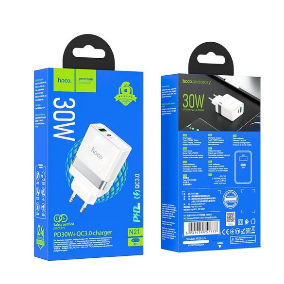 Încărcător de voiaj HOCO Tip C + USB QC3.0 Putere de livrare 30W Starter N21 alb