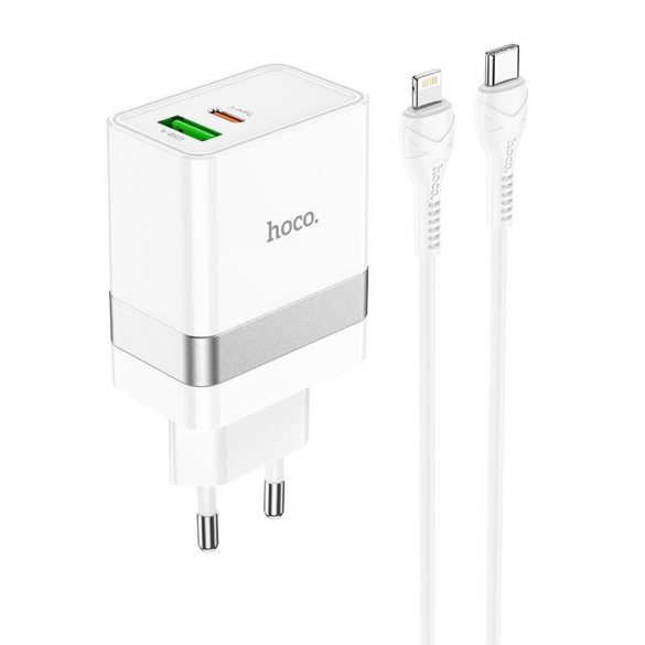 Încărcător de voiaj HOCO Tip C + USB QC3.0 cu cablu pentru iPhone Lightning 8-pini Power Delivery 30W Starter N21 alb