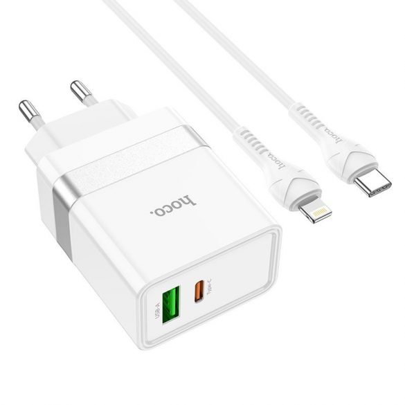 Încărcător de voiaj HOCO Tip C + USB QC3.0 cu cablu pentru iPhone Lightning 8-pini Power Delivery 30W Starter N21 alb