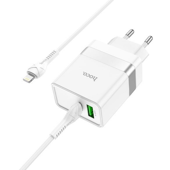 Încărcător de voiaj HOCO Tip C + USB QC3.0 cu cablu pentru iPhone Lightning 8-pini Power Delivery 30W Starter N21 alb