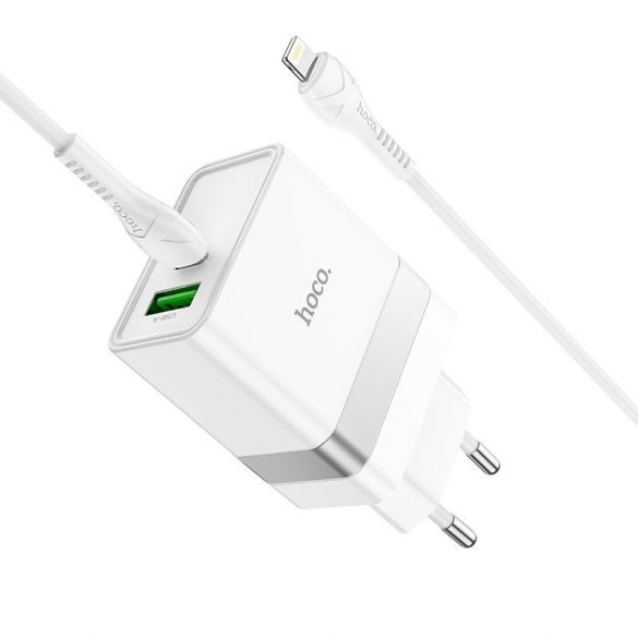 Încărcător de voiaj HOCO Tip C + USB QC3.0 cu cablu pentru iPhone Lightning 8-pini Power Delivery 30W Starter N21 alb