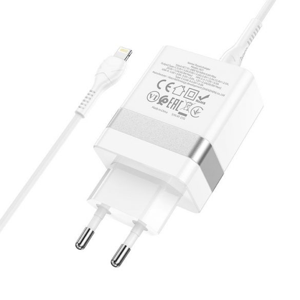 Încărcător de voiaj HOCO Tip C + USB QC3.0 cu cablu pentru iPhone Lightning 8-pini Power Delivery 30W Starter N21 alb