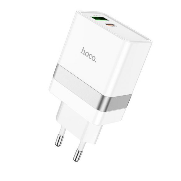 Încărcător de voiaj HOCO Tip C + USB QC3.0 cu cablu pentru iPhone Lightning 8-pini Power Delivery 30W Starter N21 alb