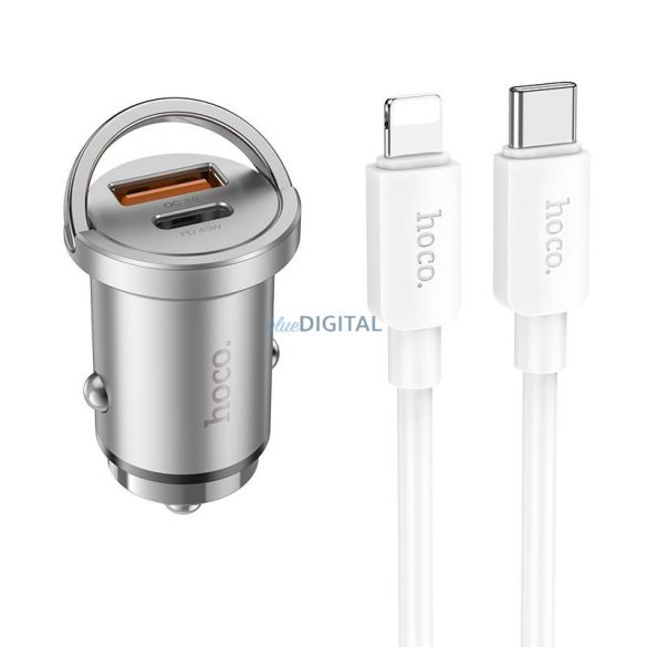 Încărcător auto HOCO 2 x USB QC3.0 18W + Cablu tip C PD 45W Tip C pentru Iphone Lightning 8-pini Handy NZ10 argintiu